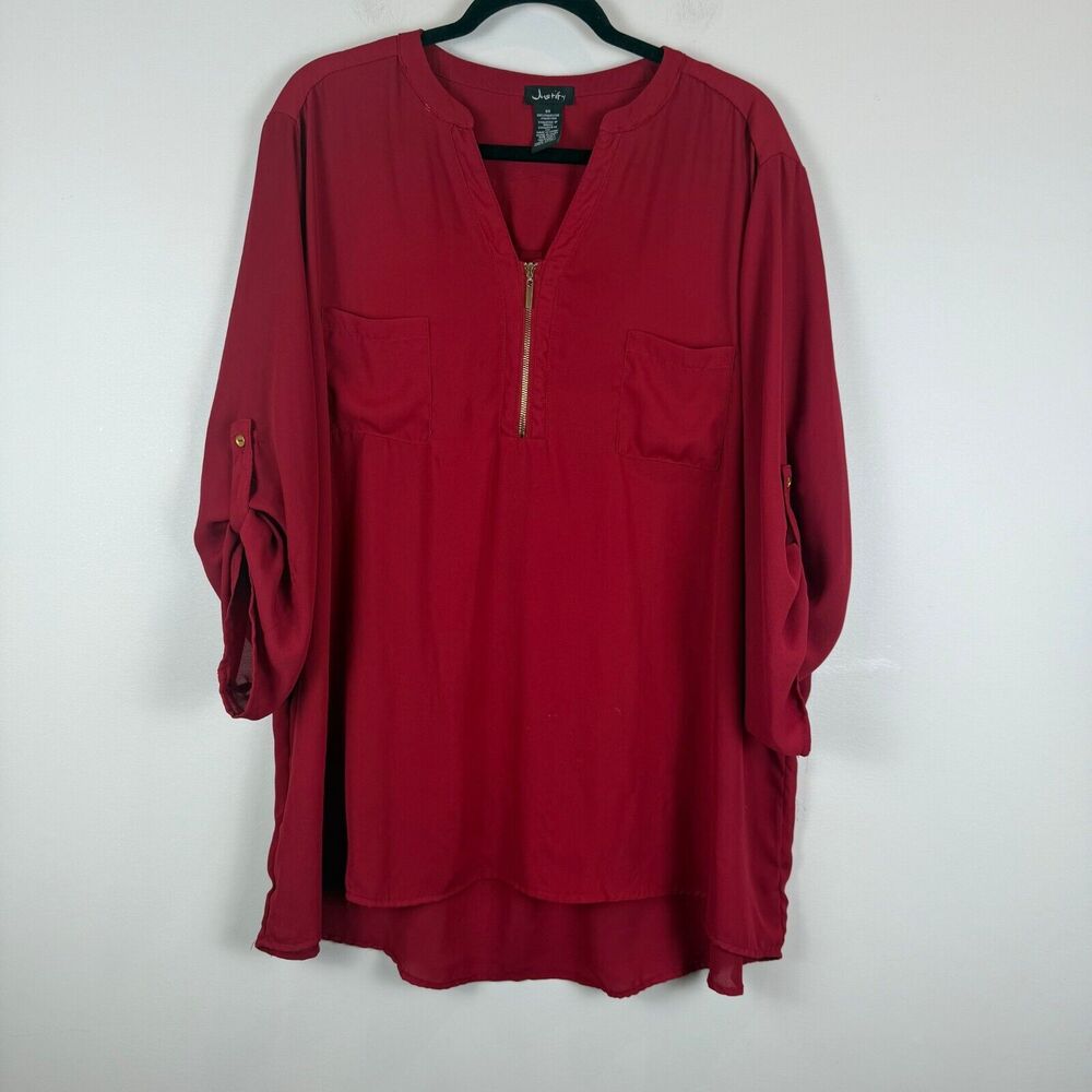Justify Top Women 3X Red Split Neck Roll-Tab‎ Sleeve Tunic Mature Career Flowy